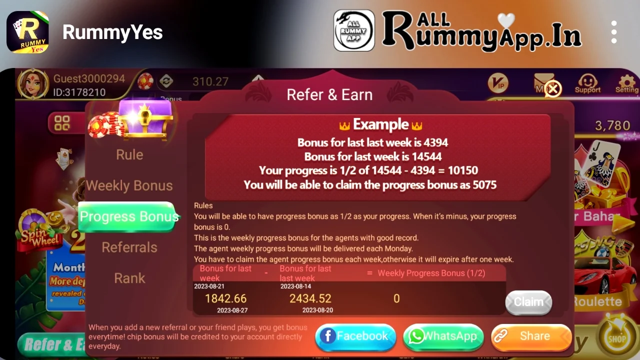 Rummy Yes APK Weekly Bonus