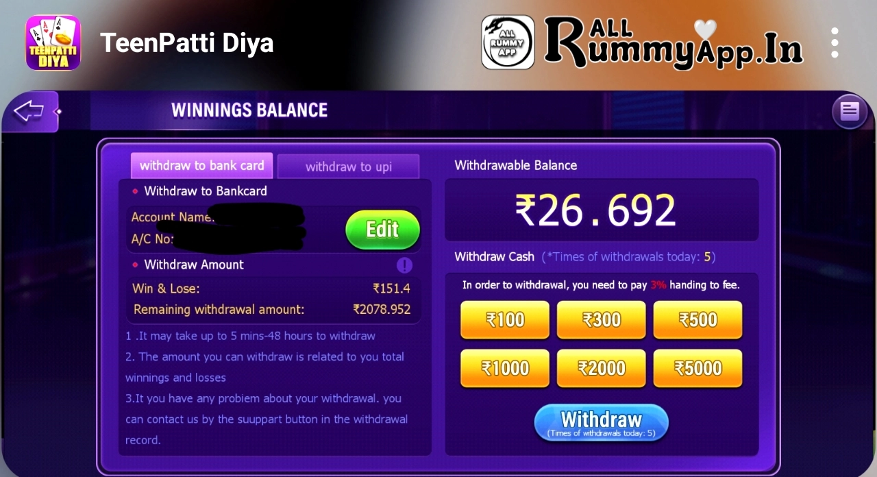 Teen Patti Diya APK Withdraw Process