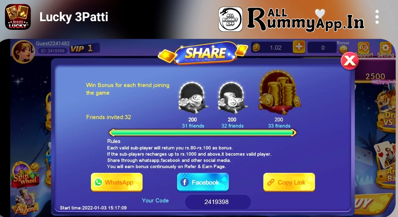 Teen Patti Lucky APK Share & Earn Bonus